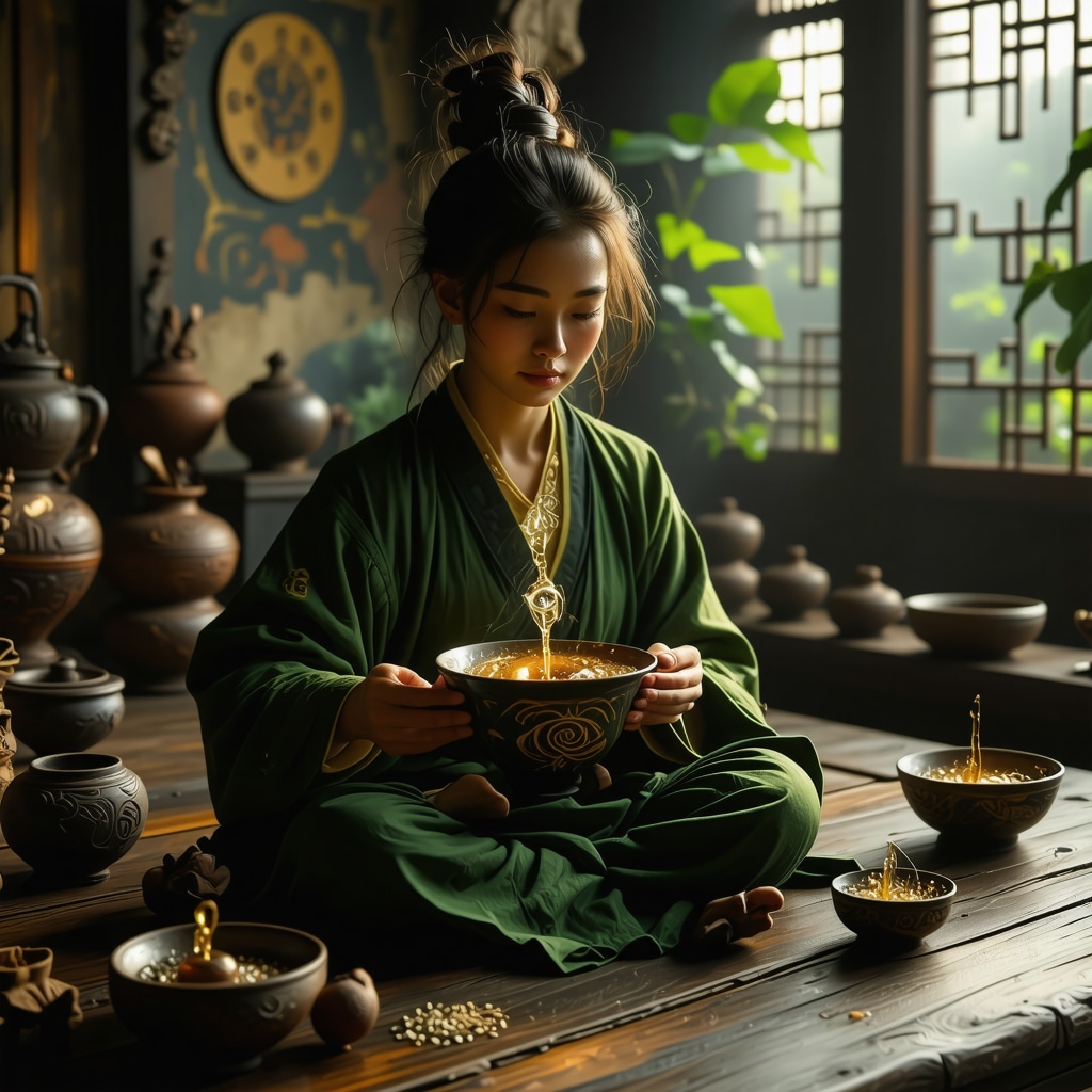 Expert analyzing symbolic patterns in a cup of tea with AI holograms and cultural symbols in background