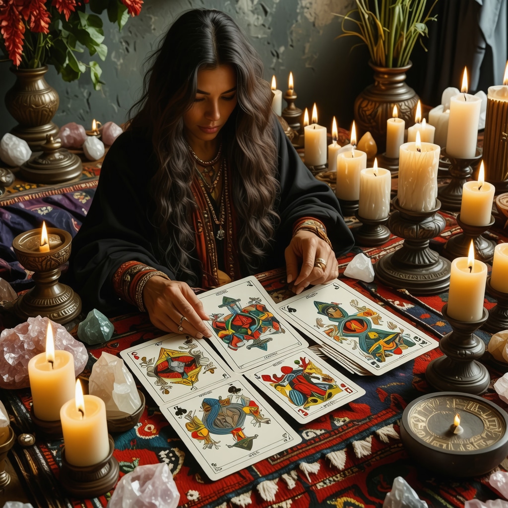 Expert tarot reader using Spanish playing cards with ritual objects for love divination