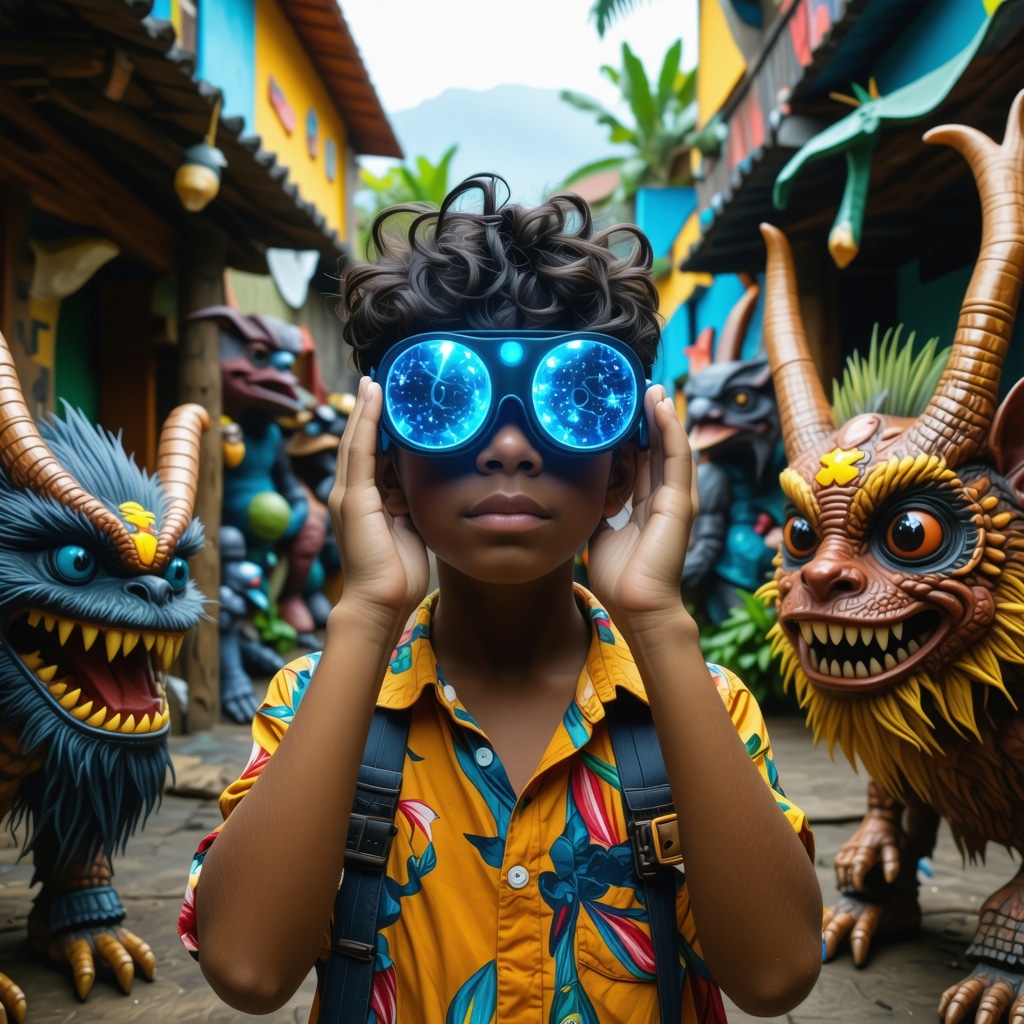 Young person using AR glasses to interact with holographic representations of Nicaraguan urban legends