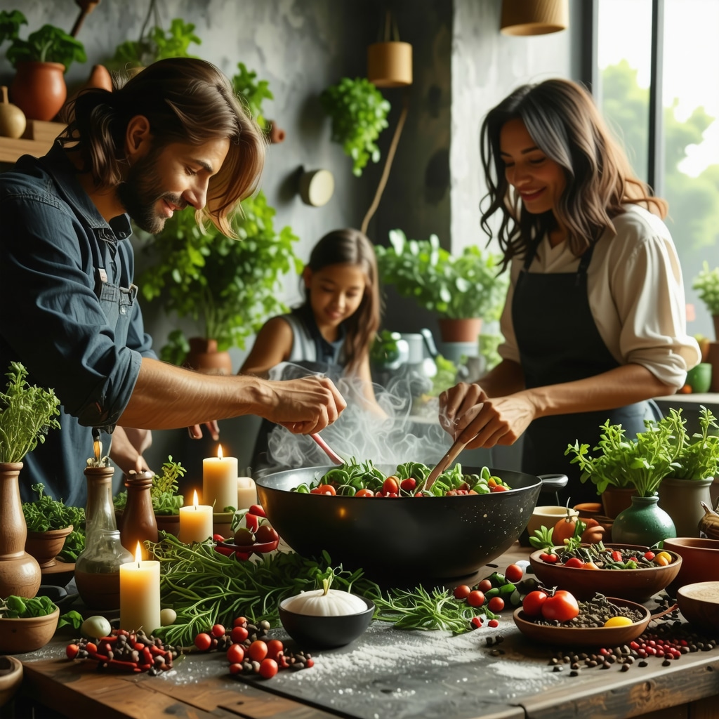 Family practicing culinary rituals with herbs, candles, and spices in a warm kitchen