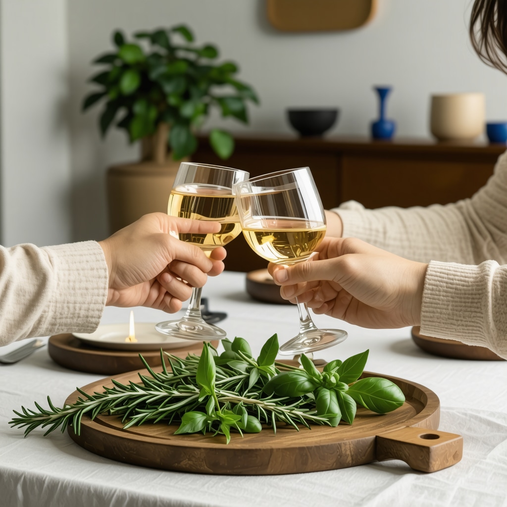 Family raising glasses in a protective toast with rosemary and basil on the table, warm and sacred ambiance