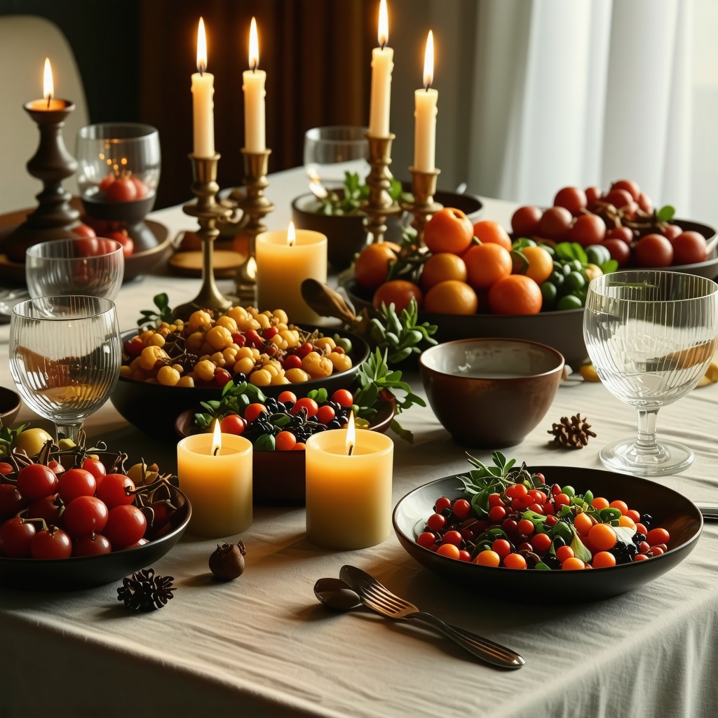 A cozy dining table featuring traditional symbolic foods and a lit candle, representing abundance and intention