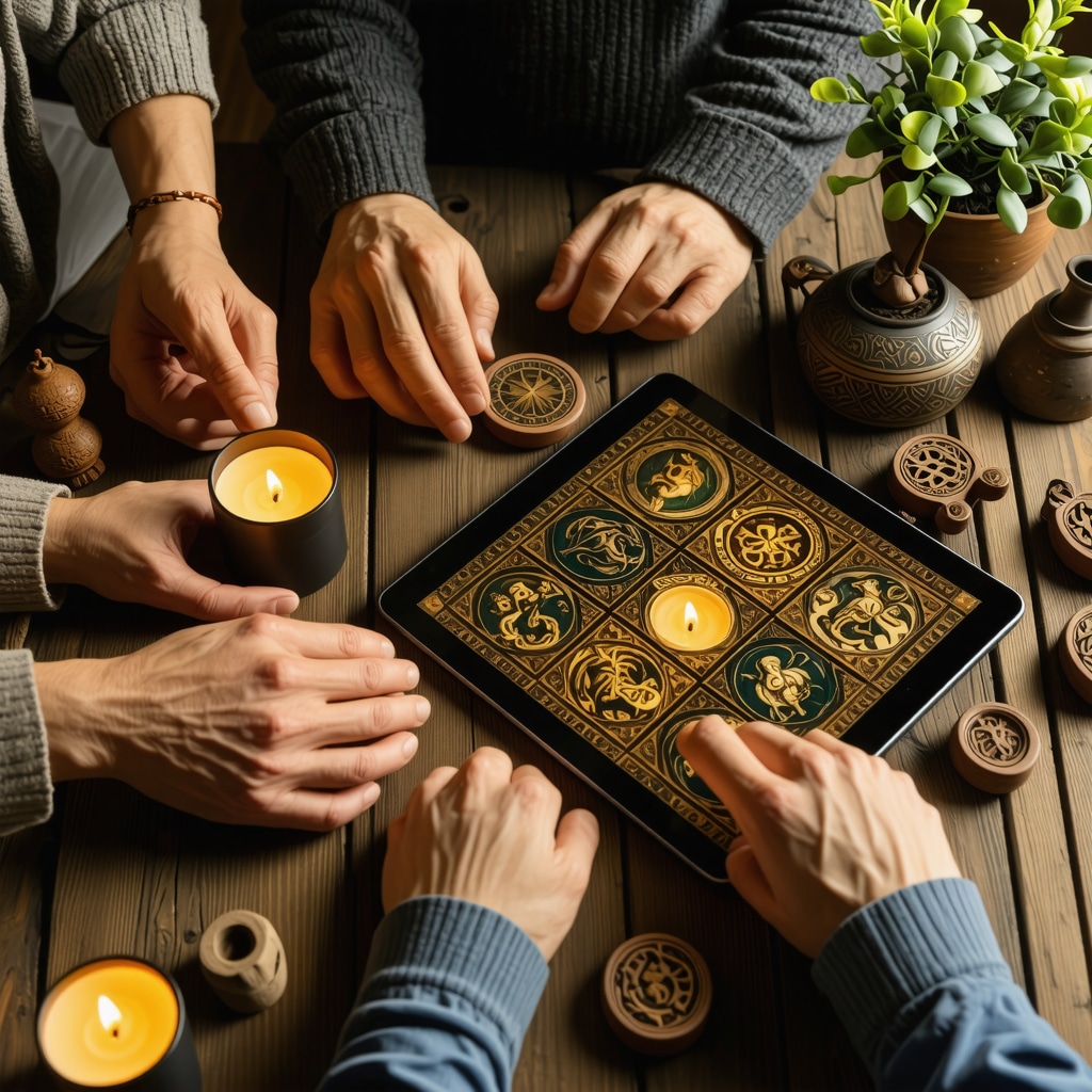 Family gathered around tablet sharing ancestral myths with traditional protective symbols and natural elements on table