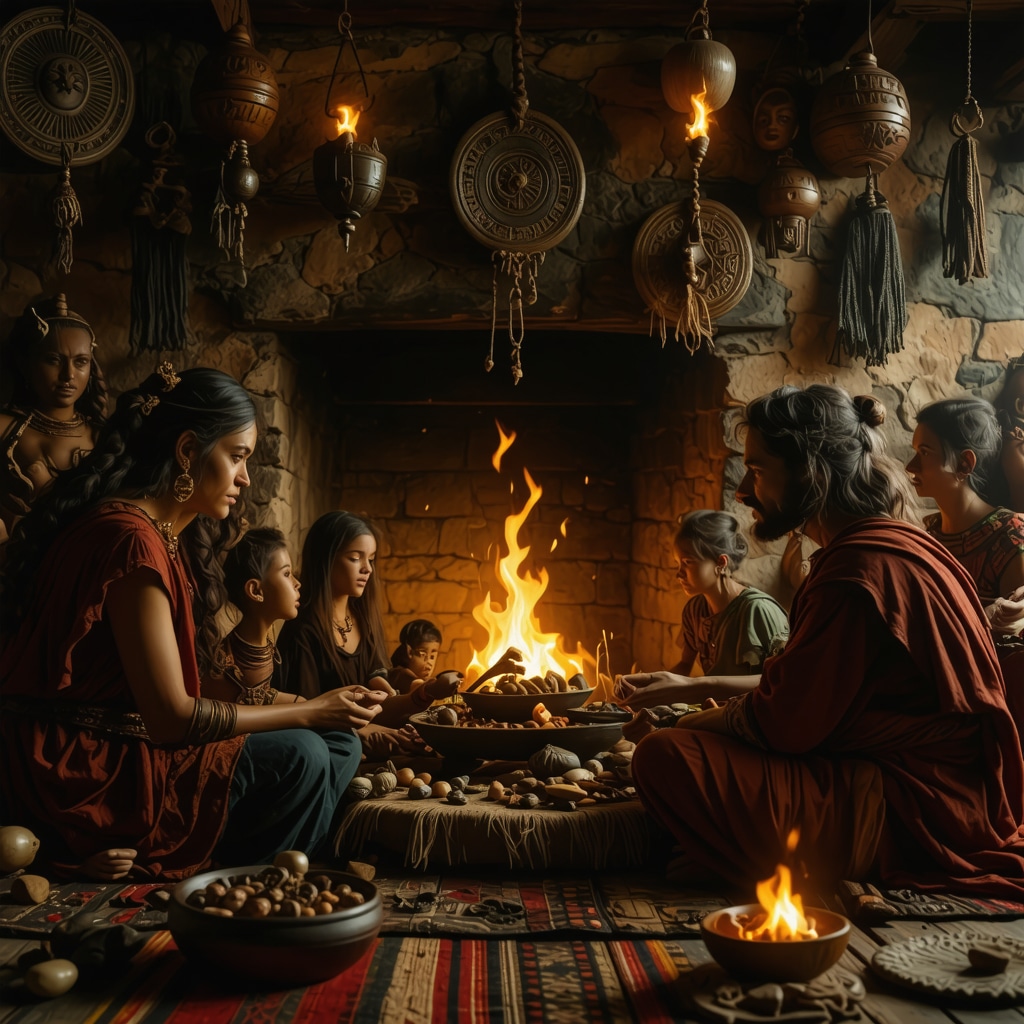 Family gathered around fireplace sharing ancestral stories with symbolic amulets visible