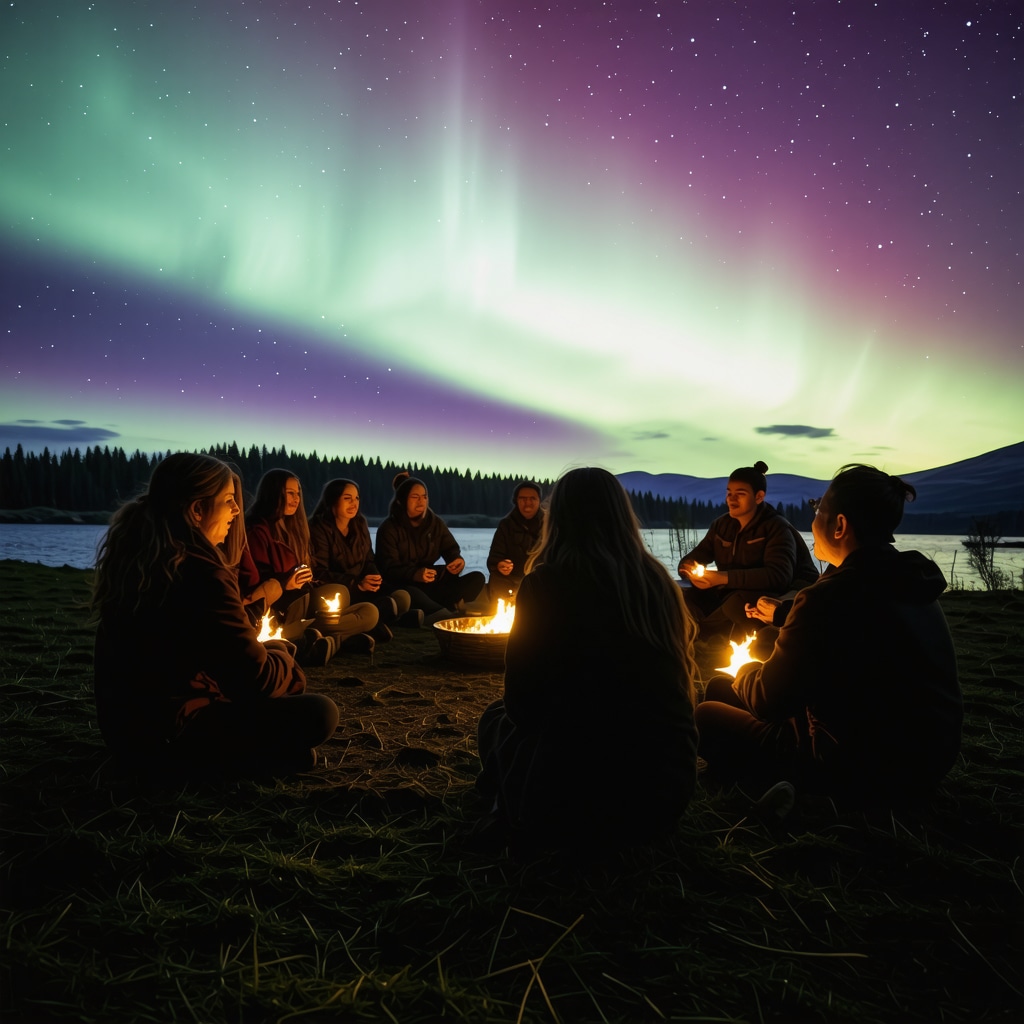 Indigenous and European-descendant Canadians sharing folklore stories under northern lights