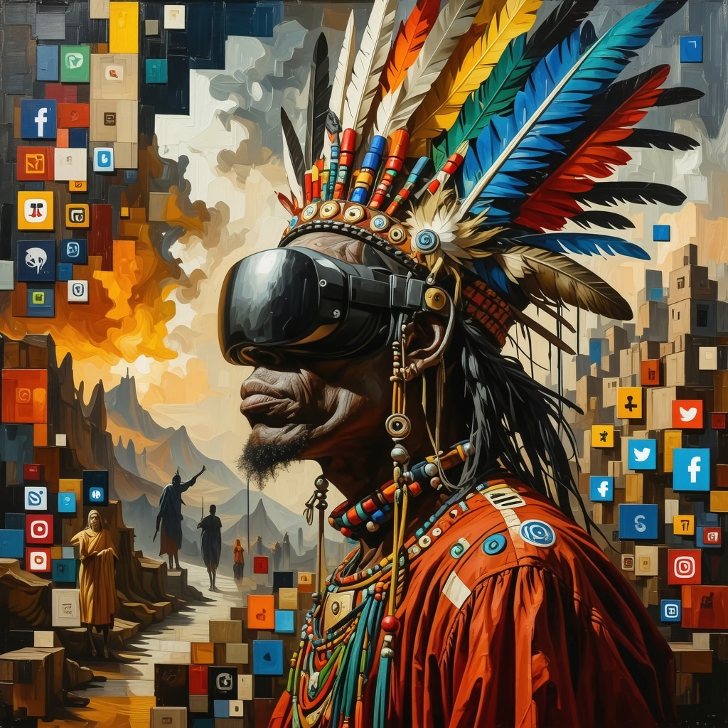 Collage digital que fusiona símbolos culturales tradicionales uruguayos con elementos tecnológicos modernos