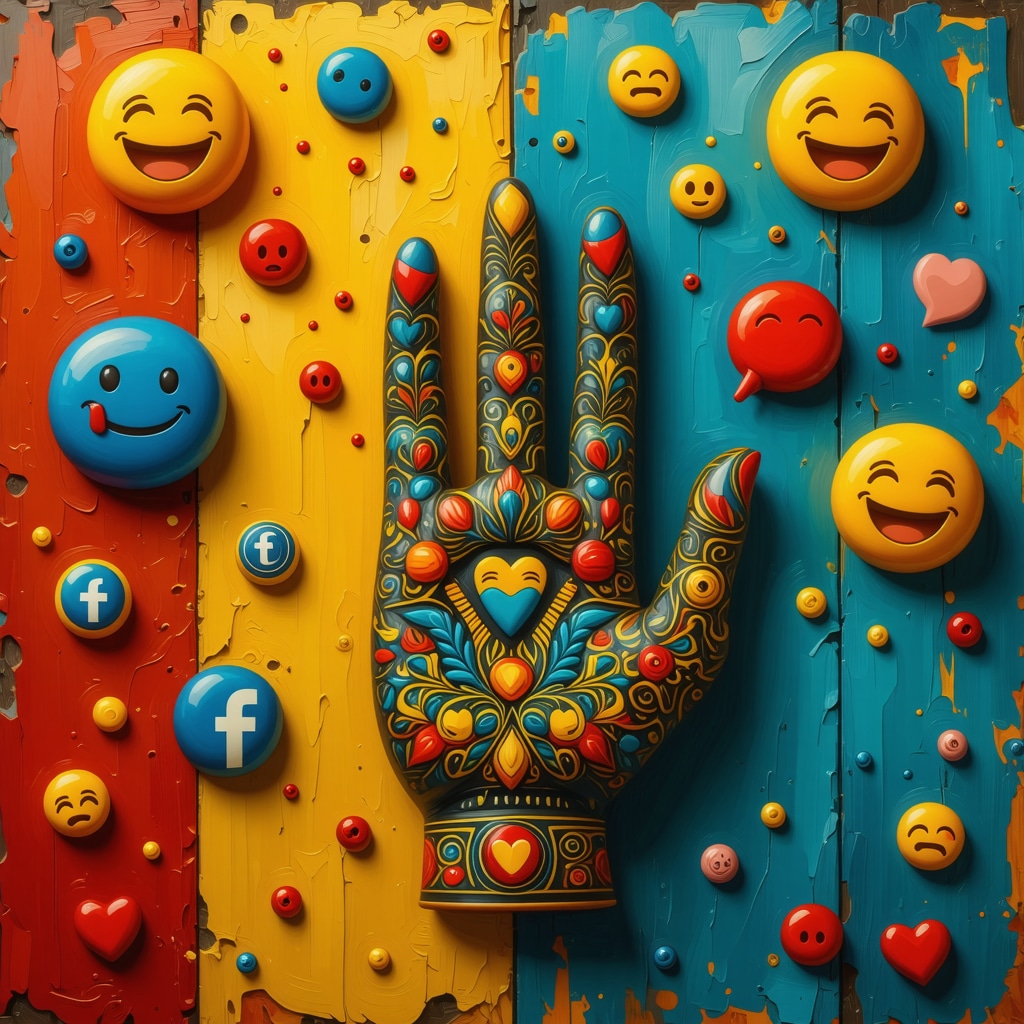 Collage visual mostrando amuletos mexicanos tradicionales junto a símbolos digitales modernos como emojis y iconos de redes sociales