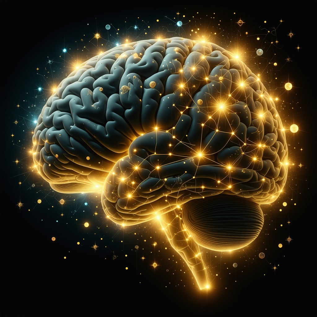 Ilustración digital de un cerebro con redes neuronales conectadas a símbolos rituales y fases lunares