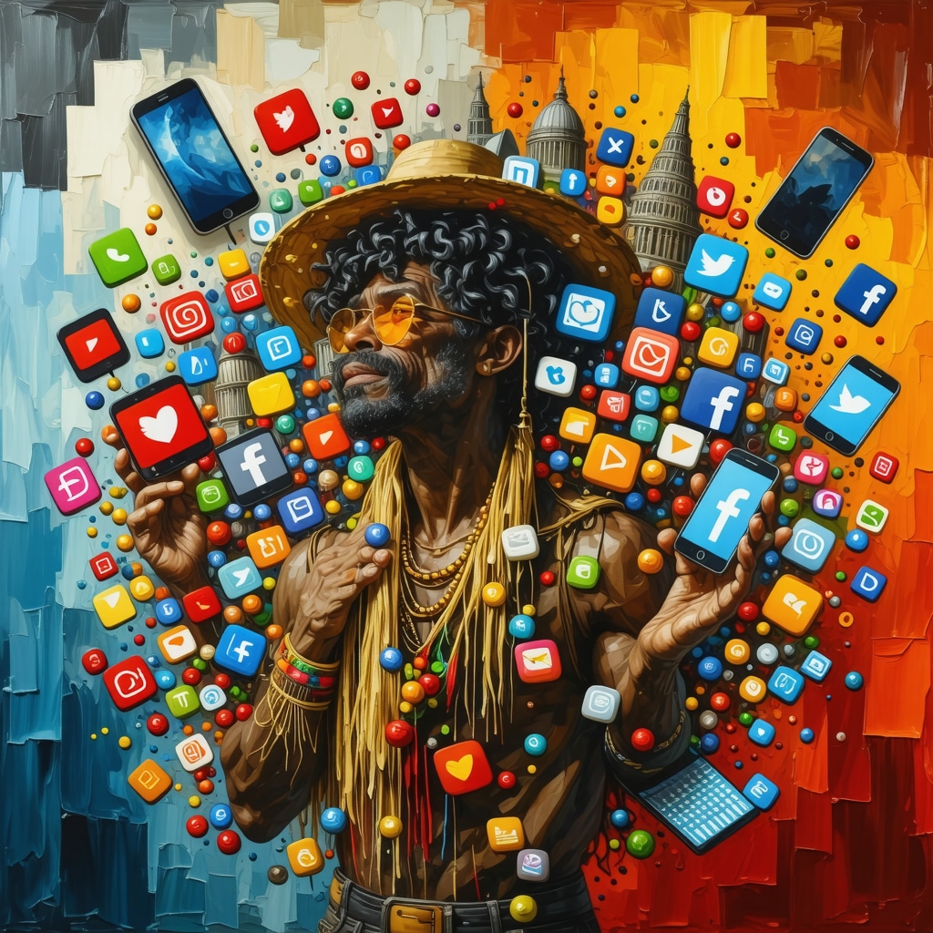 Ilustración que muestra la integración de leyendas urbanas cubanas con dispositivos digitales y redes sociales