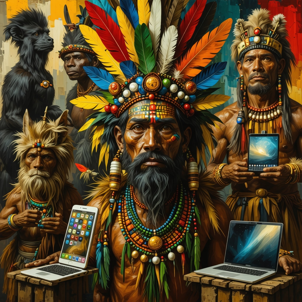 Collage digital que representa creencias populares hondureñas integradas con tecnología moderna