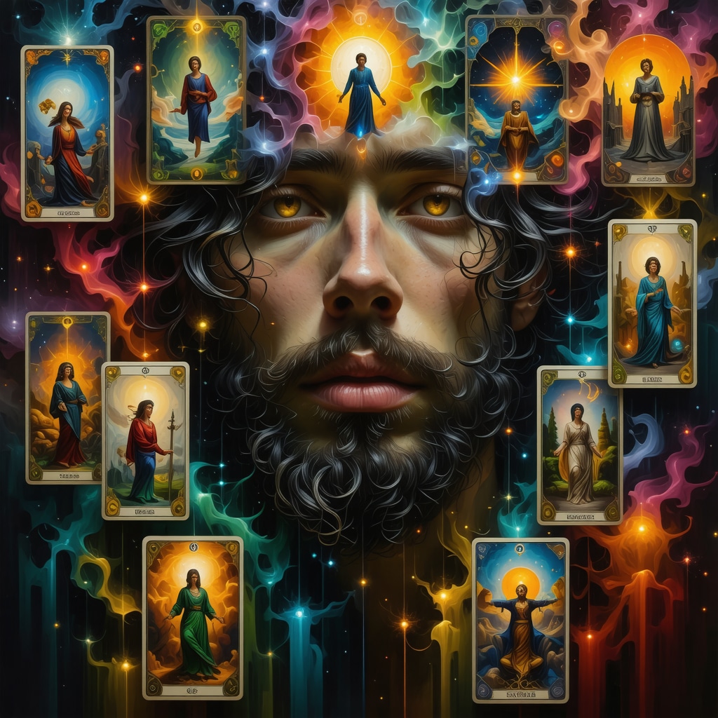 Representación artística que combina redes neuronales y símbolos de cartas de tarot para ilustrar la integración de neurociencia y presagios con cartas