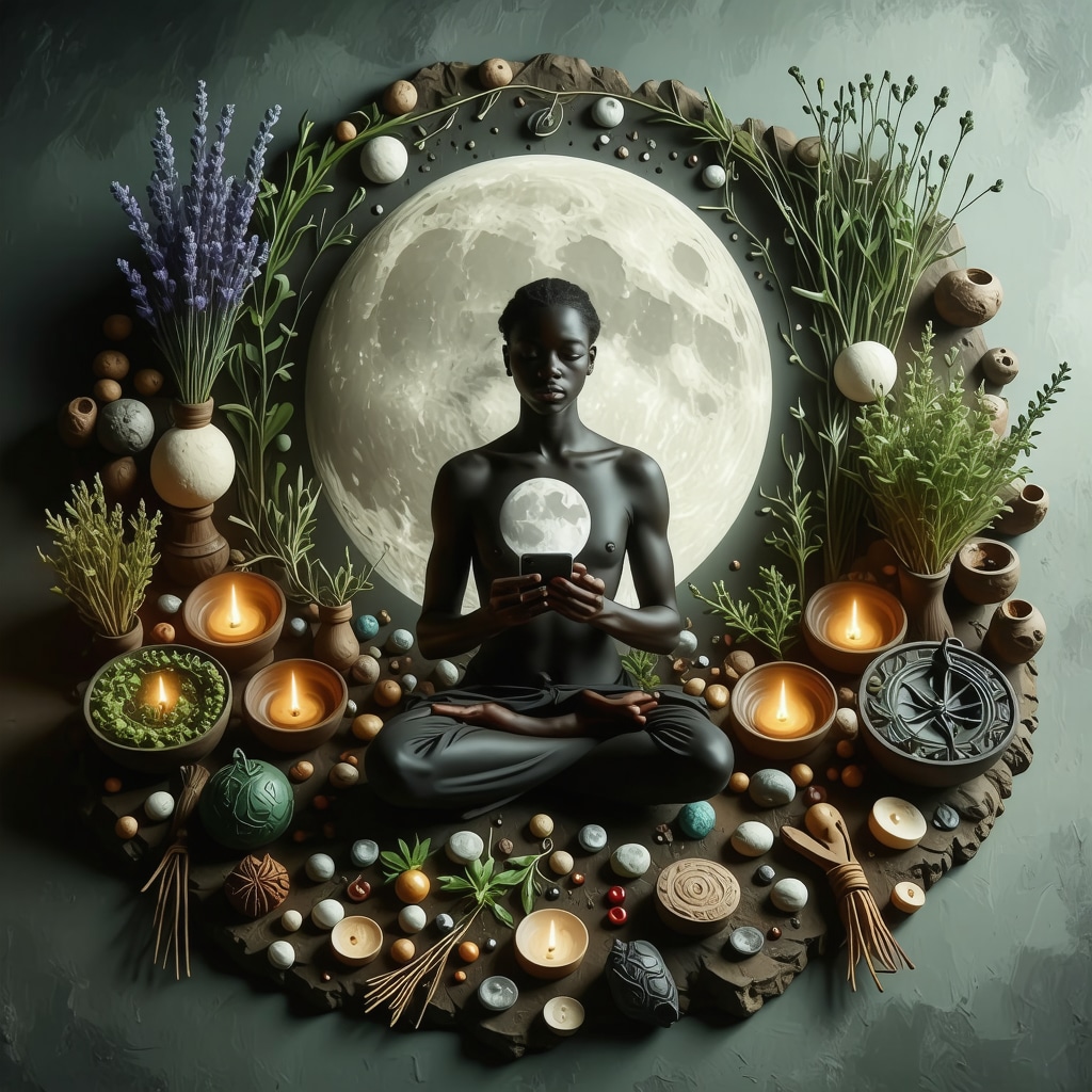 Persona meditando con símbolos tradicionales y tecnología digital integrados en un ritual mensual