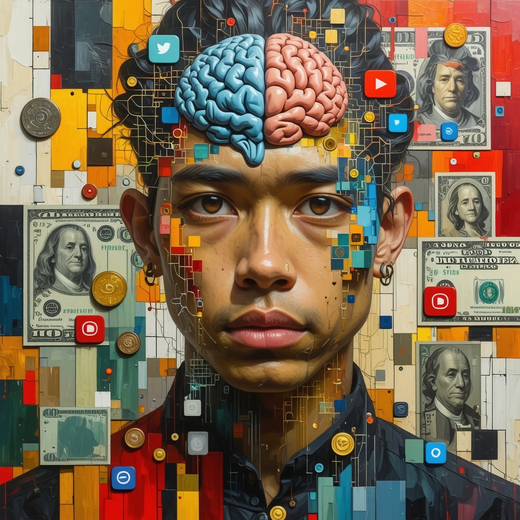 Collage digital que muestra la integración de rituales monetarios tradicionales con neurociencia y tecnología digital