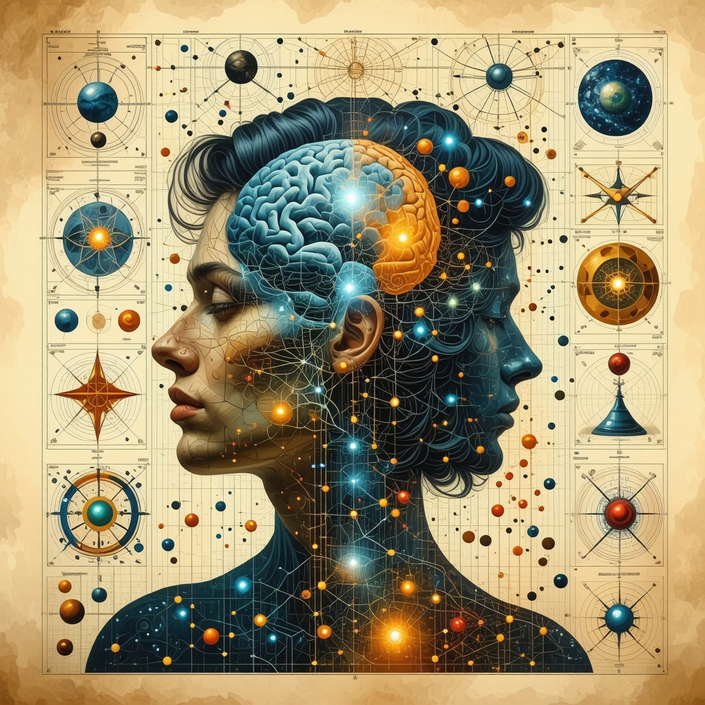 Ilustración abstracta que muestra símbolos ancestrales fusionándose con redes neuronales y elementos científicos modernos