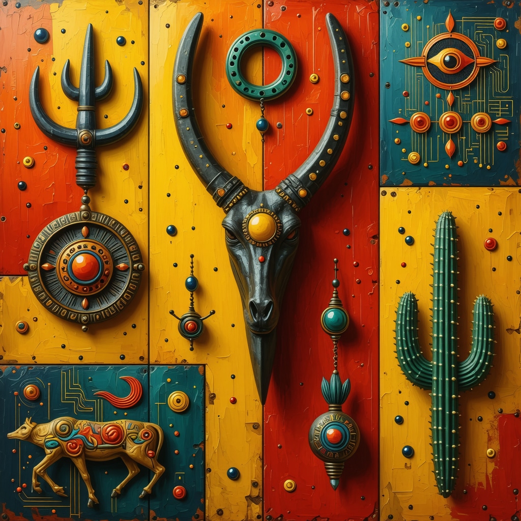 Collage de amuletos colombianos y elementos digitales representando la integración de tradiciones y tecnología