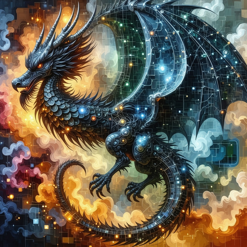 Collage artístico que combina símbolos mitológicos antiguos con elementos digitales y patrones neuronales para representar la conexión entre mitología y tecnología moderna