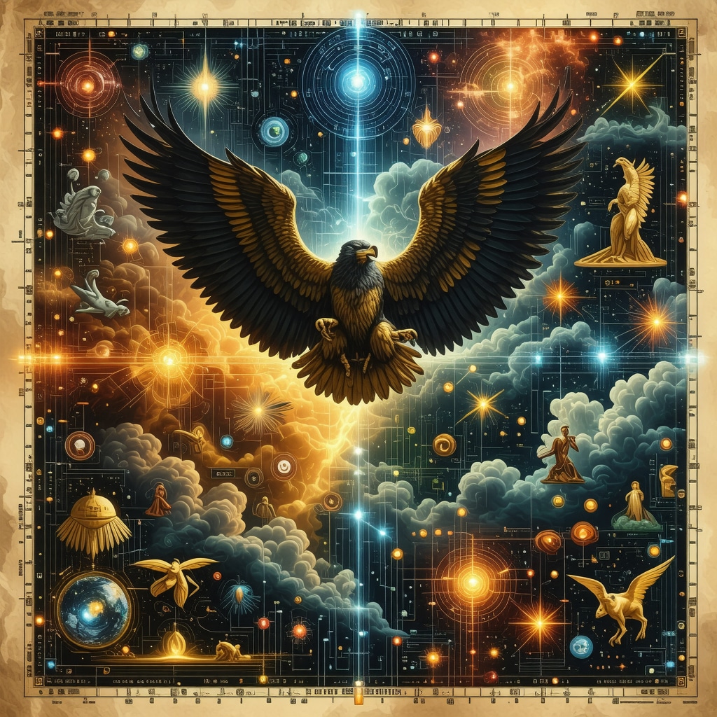 Montaje que muestra símbolos mitológicos latinoamericanos antiguos integrados con tecnología digital moderna como hologramas y flujos de datos