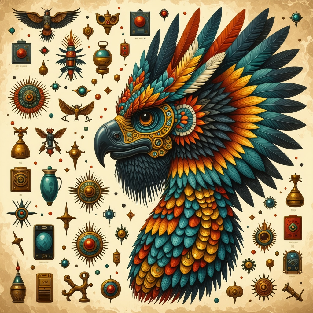 Collage digital que muestra símbolos del folclore mexicano integrados con elementos tecnológicos modernos para la preservación cultural