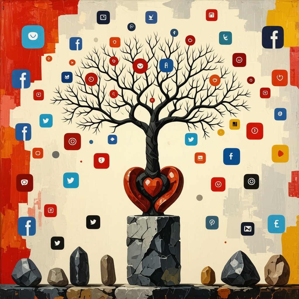 Collage digital que muestra símbolos tradicionales ecuatorianos de superstición junto a iconos de redes sociales y conexiones neuronales