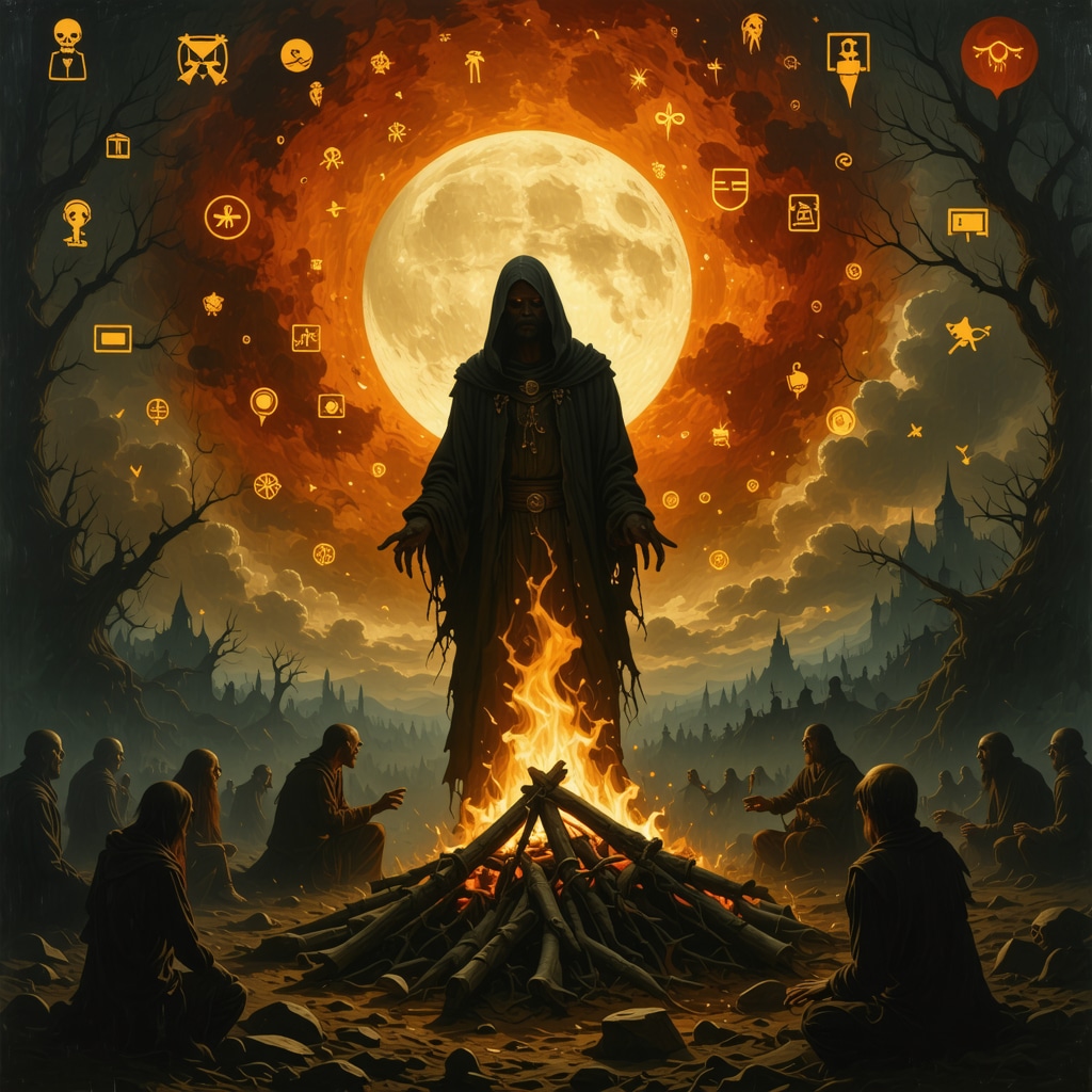 Fusión de tradición y tecnología en narrativas de terror Collage digital mostrando símbolos folclóricos antiguos y medios digitales modernos con figuras sombrías alrededor de una fogata