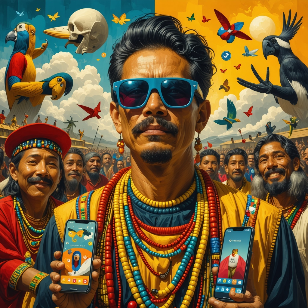 Collage digital vibrante que representa la integración de creencias populares venezolanas con tecnología y salud mental comunitaria