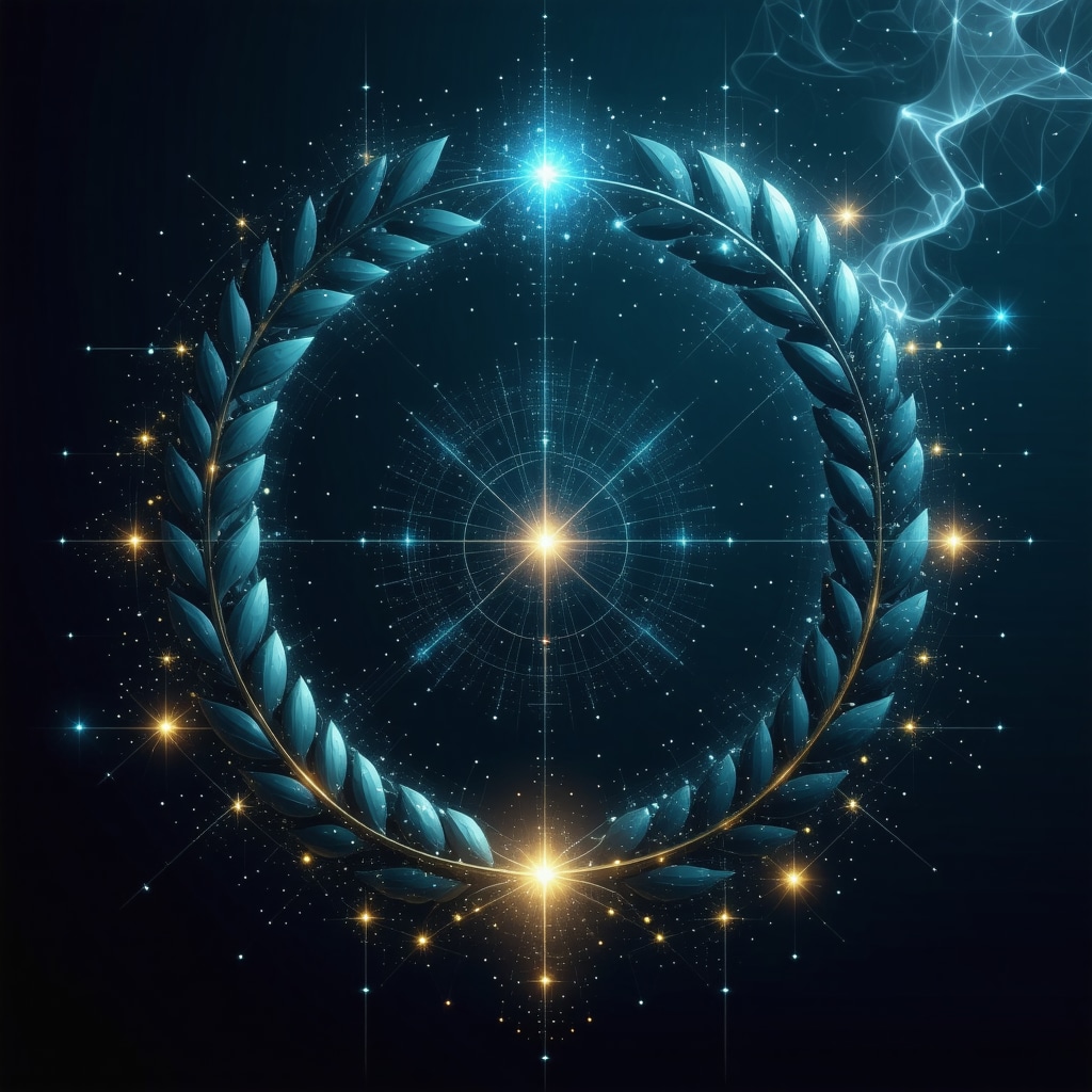 Arte digital que muestra símbolos griegos antiguos fusionados con patrones neuronales y hologramas digitales