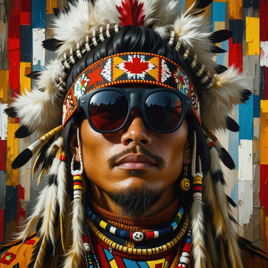 Collage digital representando la fusión de símbolos indígenas canadienses, festivales urbanos y tecnología digital