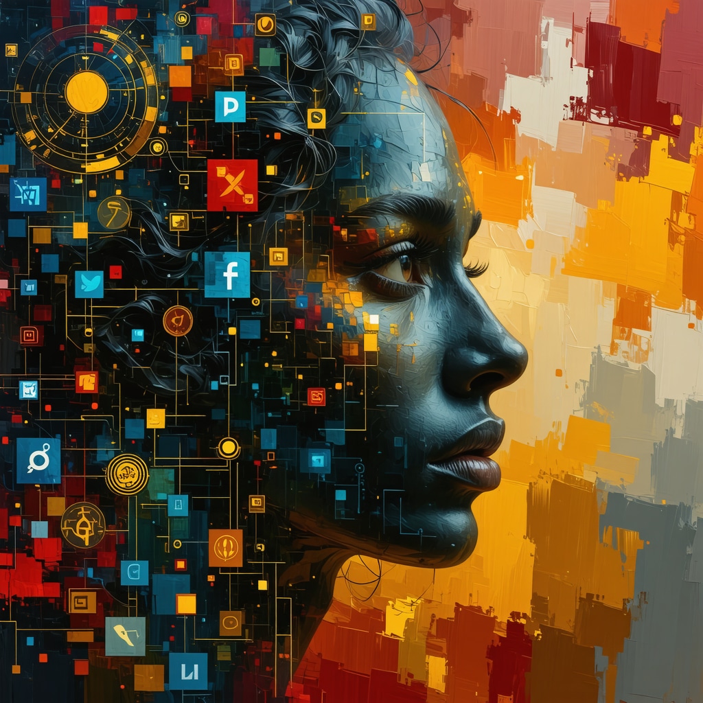 Digital collage blending ancient myth symbols with modern digital icons representing myth adaptation in the digital age