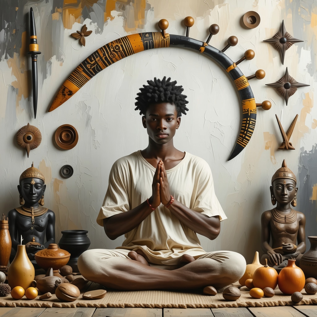 Person holding Australian boomerang with multicultural symbolic objects around