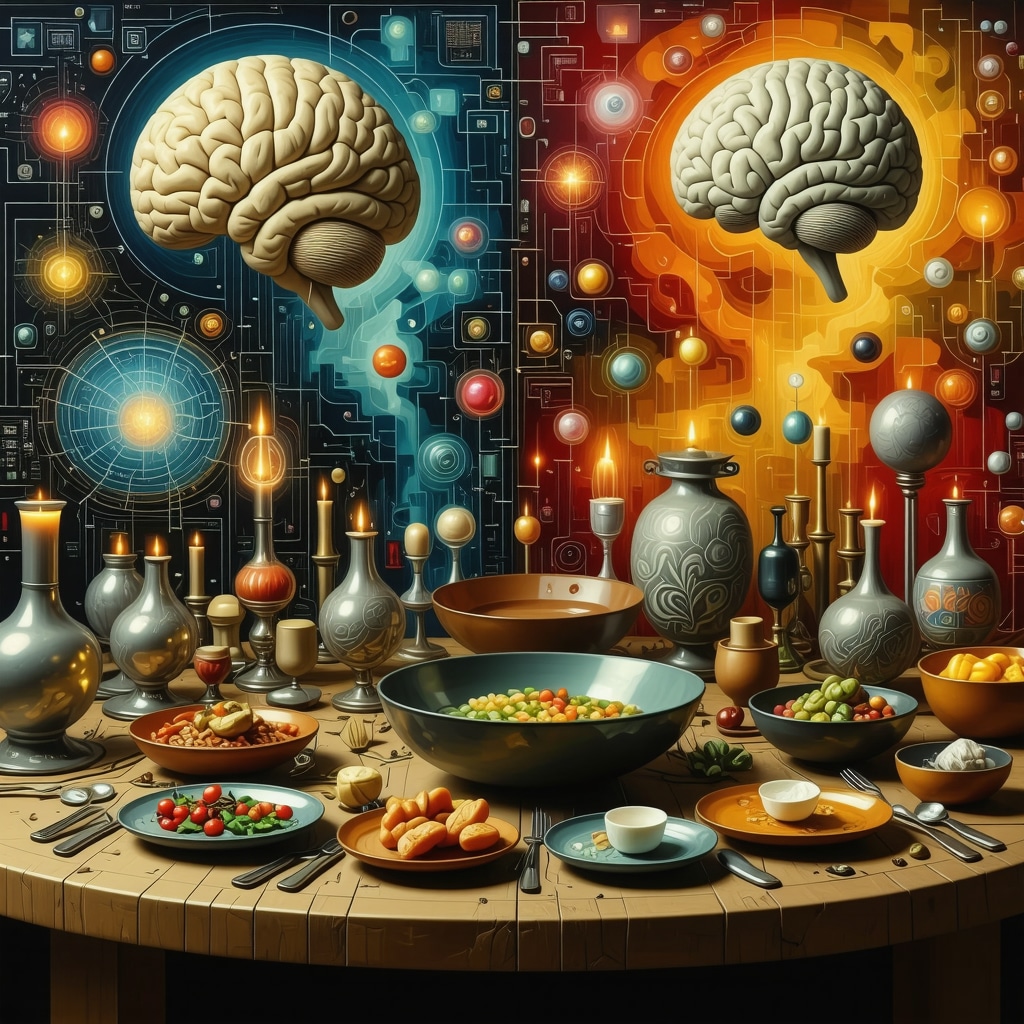 Collage showing traditional ritual objects on a table combined with neural network imagery and digital elements symbolizing the integration of culture and science