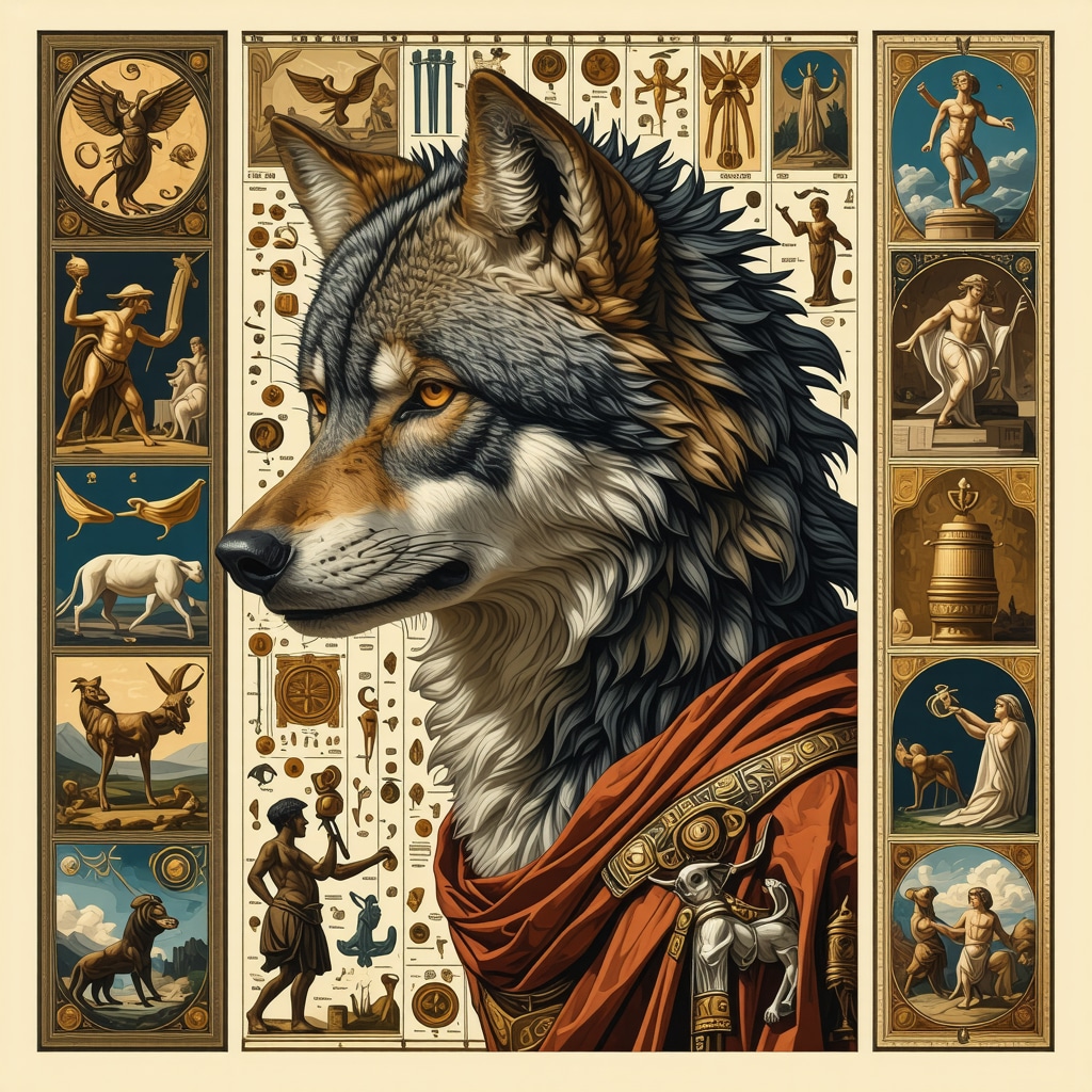 Collage showing Roman folklore symbols integrated with contemporary digital elements