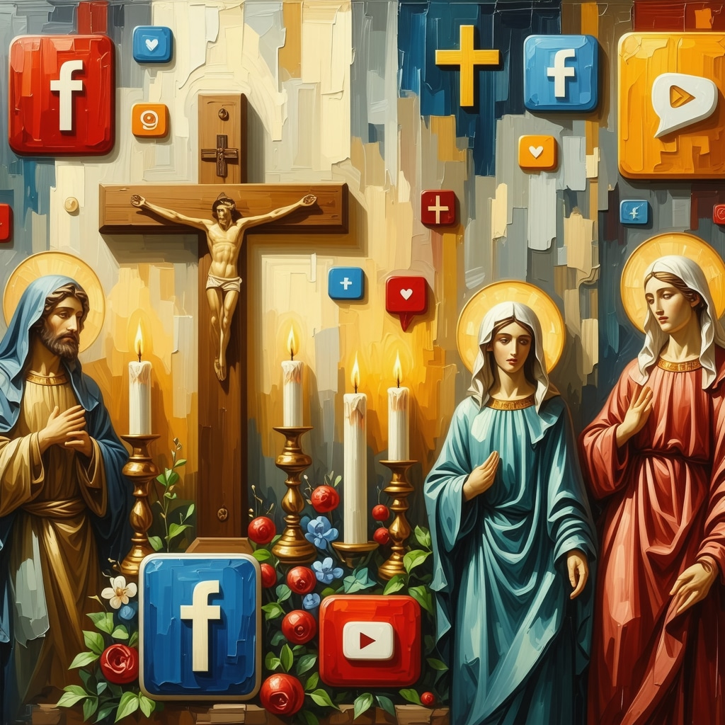 Digital collage merging traditional Christian folk symbols with modern technology icons