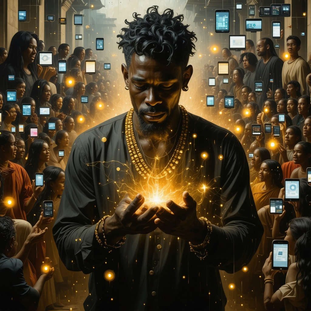 Collage featuring Dominican superstition rituals blended with digital technology symbols