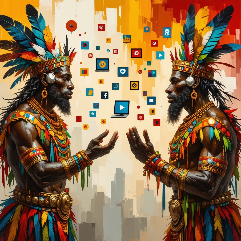 Digital art depicting Nicaraguan mythical legends La Mocuana and El Cadejo alongside modern technology symbols