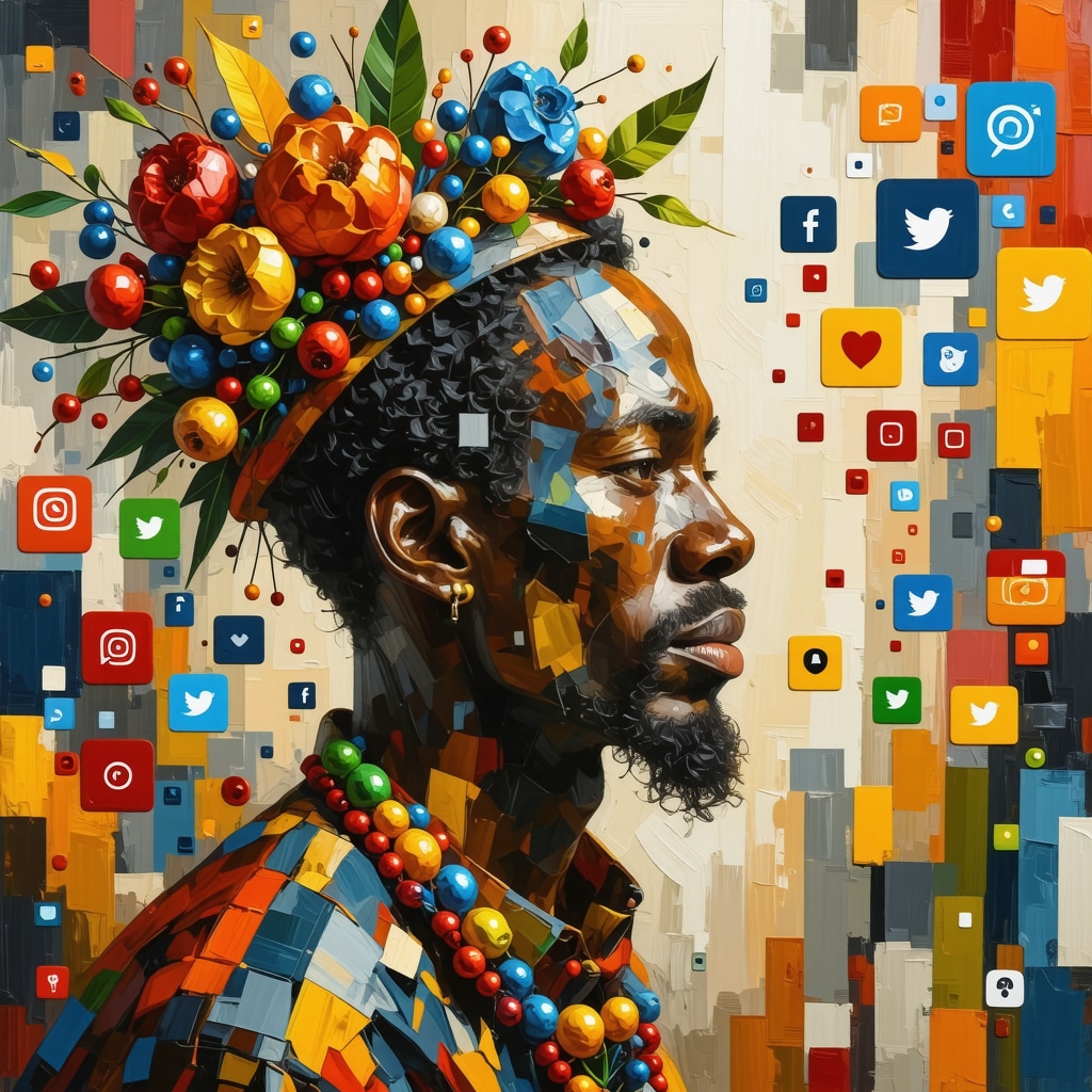 Illustration showing traditional Nicaraguan superstitions intertwined with digital symbols like smartphones and social media icons