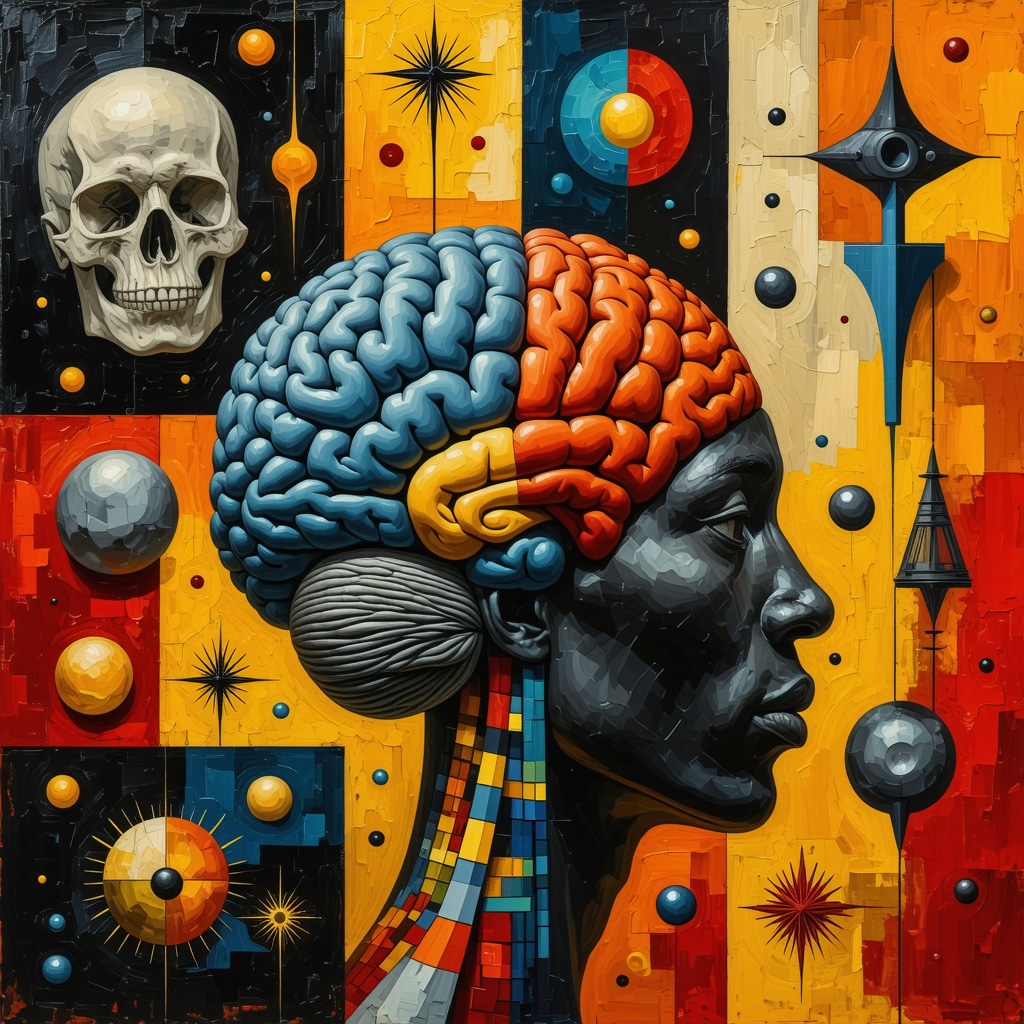 Artistic representation combining Nicaraguan superstition symbols and brain neural networks