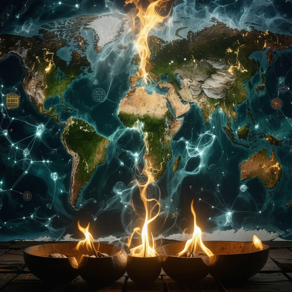 Fusion of Oceanic Ritual Symbols with Digital Modernity Digital art fusion of traditional Oceanic symbols and modern digital elements