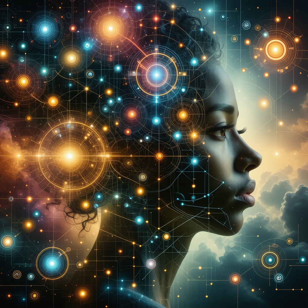 Fusion of Oceanic Symbols and Modern Digital Technology Digital artwork blending traditional Oceanic symbols with futuristic technology imagery