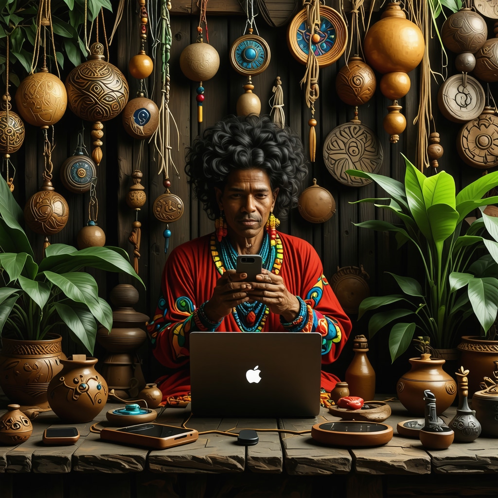 Puerto Rican folklore symbols intertwined with modern digital devices symbolizing cultural fusion