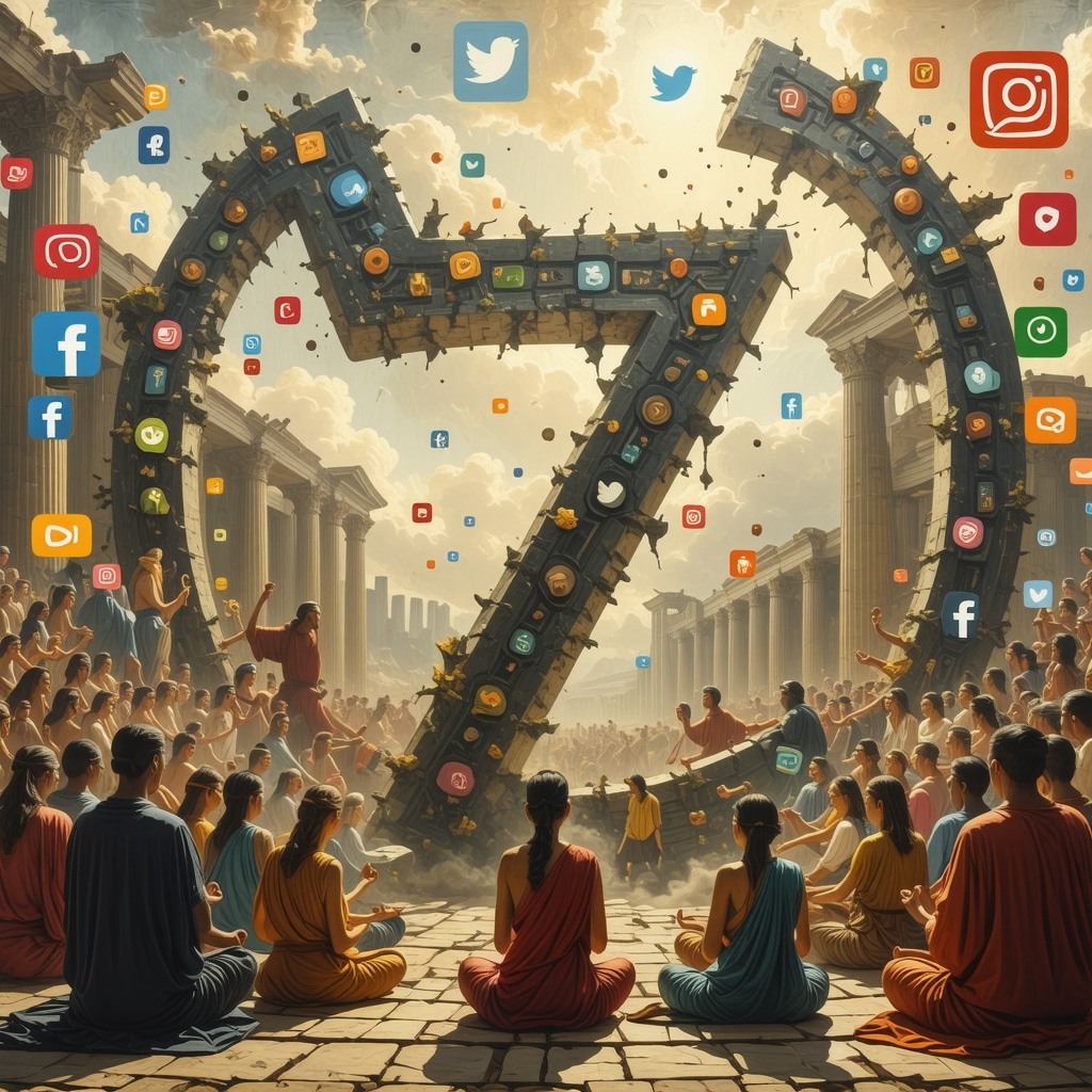 Collage of Roman superstition symbols blending with digital media and wellness imagery