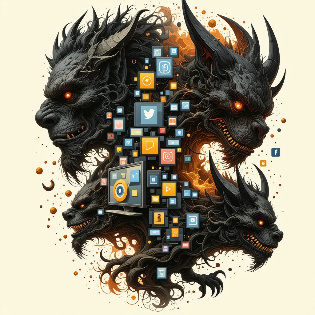 Illustration showing Spanish folkloric monsters Basajaun and Cuélebre intertwined with digital elements representing modern reinterpretation