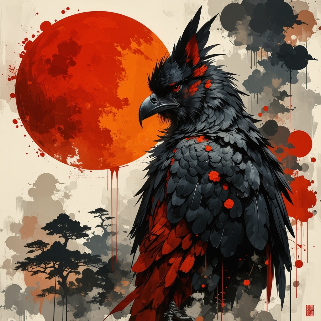 Digital artwork showing Tengu myth figure blending traditional and modern symbolism