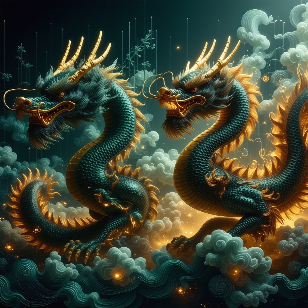 Digital artwork showing traditional Chinese symbols such as dragons, bamboo, and phoenix integrated with virtual reality and holographic elements