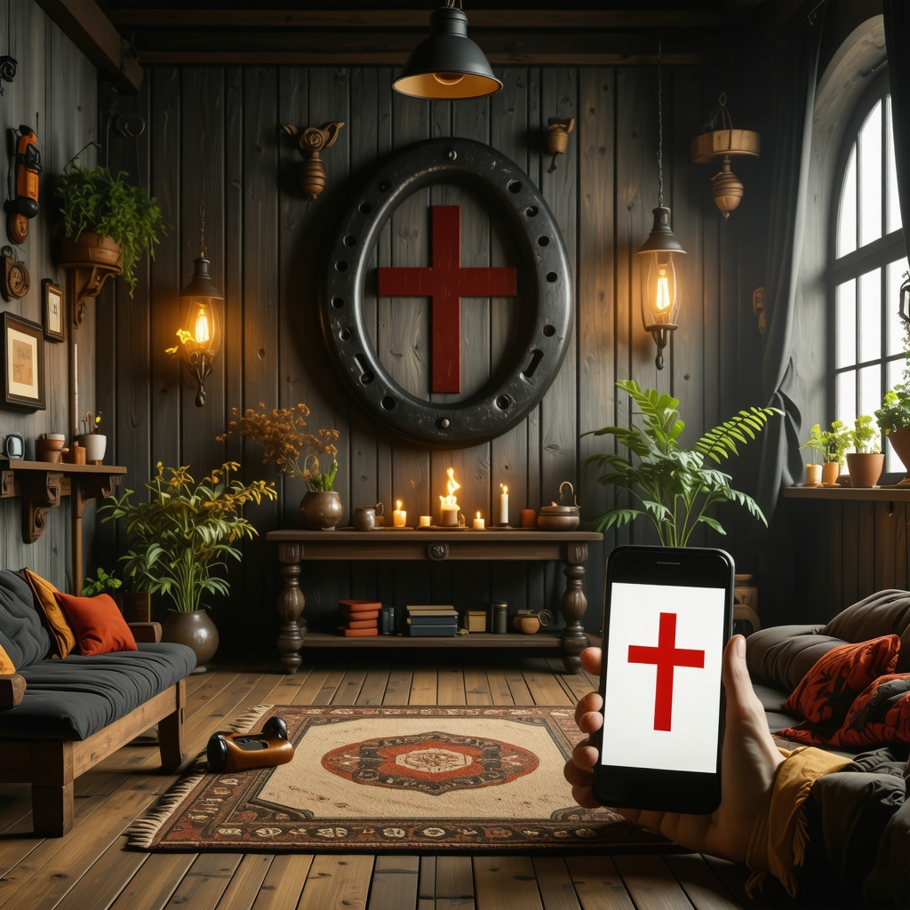 Modern German home interior showing traditional protective symbols alongside digital technology