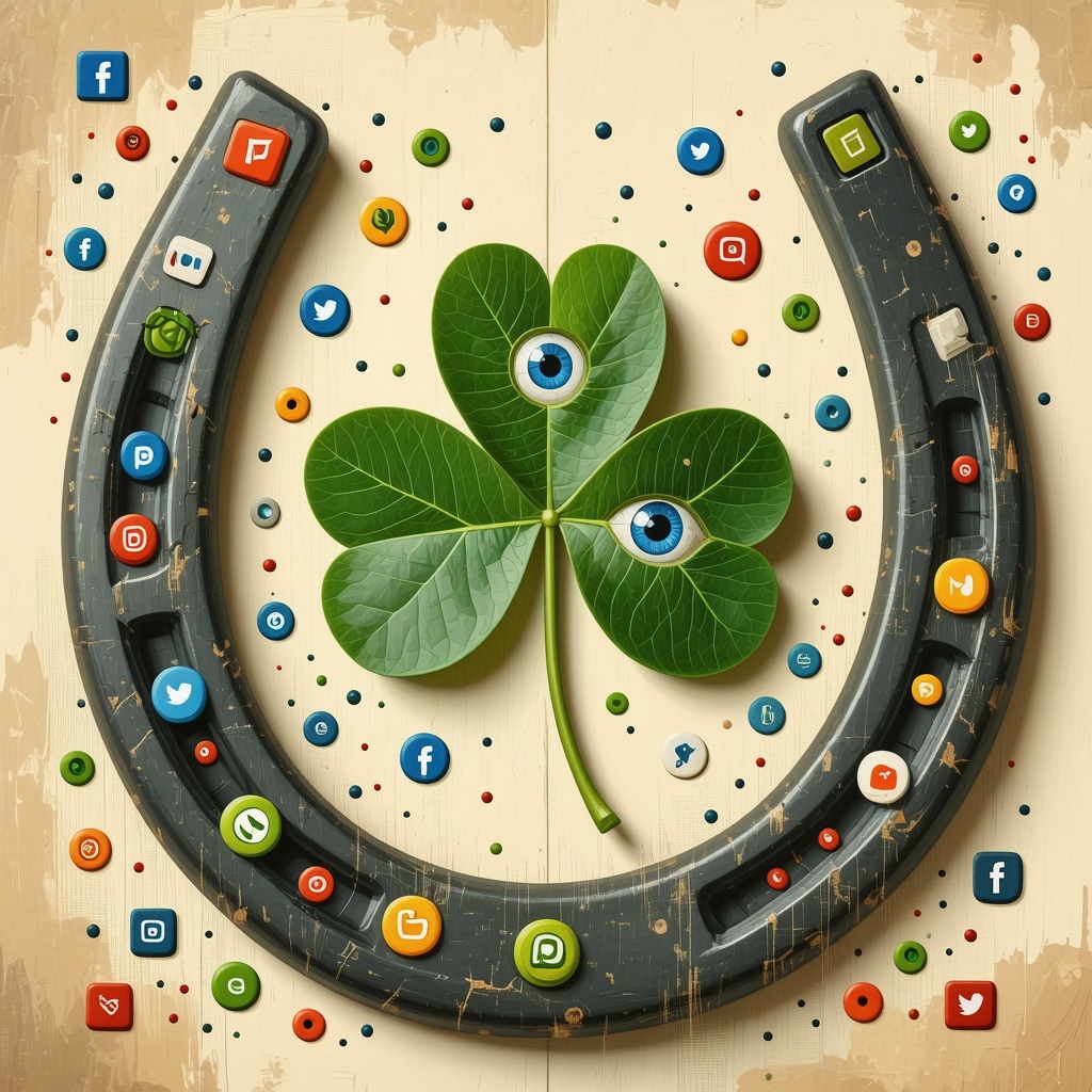 Collage of traditional lucky symbols combined with digital devices and social media icons representing the modern adaptation of ancient symbols