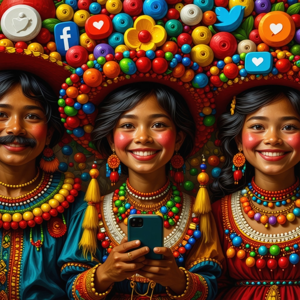 Digital collage blending traditional Nicaraguan folklore characters with modern technology icons