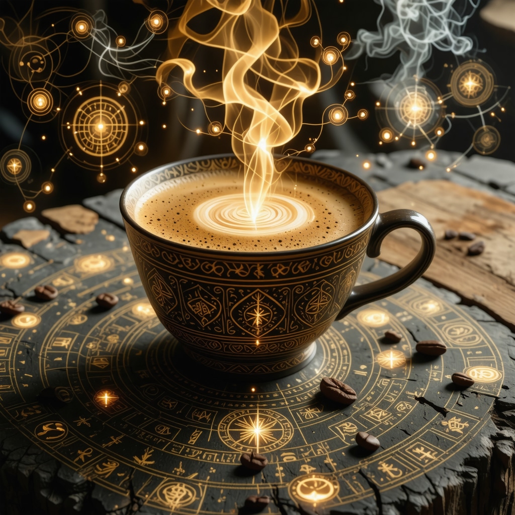 Fusion of cultural symbolism and neuroscience in coffee cup reading Ancient coffee cup with mystical posos patterns and cultural symbols glowing subtly