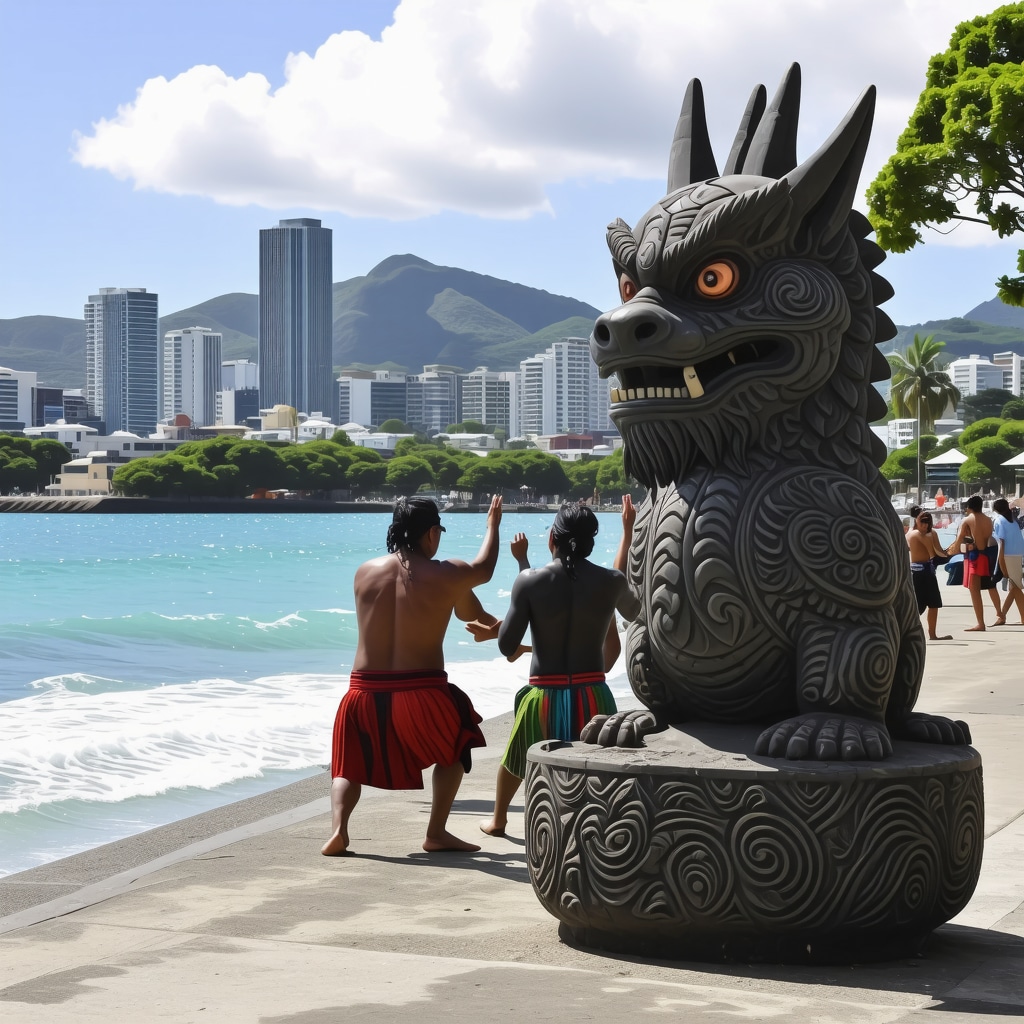 Fusion of traditional Maori superstition and urban life in Oceania Urban scene in Oceania showing ritual with taniwha statue blending tradition and modernity