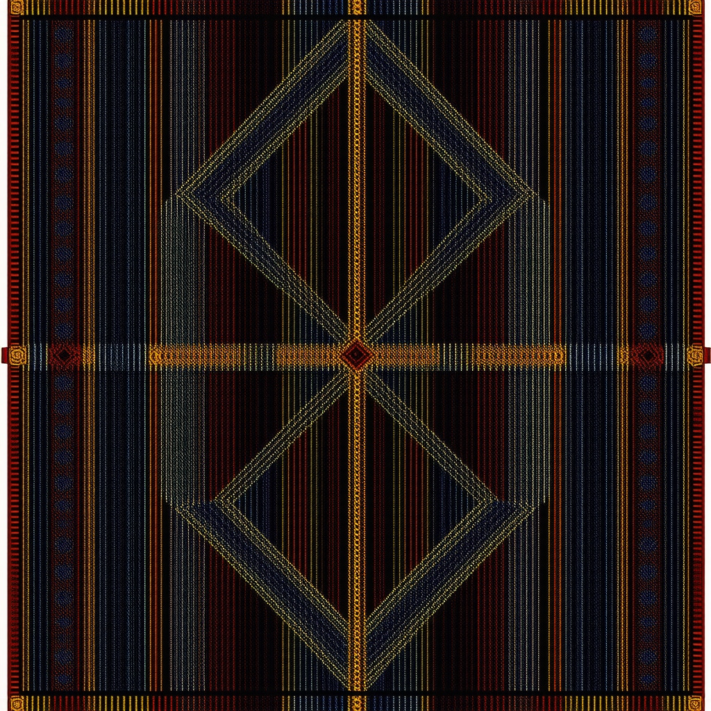 Colorful Panamanian mola textile art blended with abstract digital network symbols representing cultural evolution