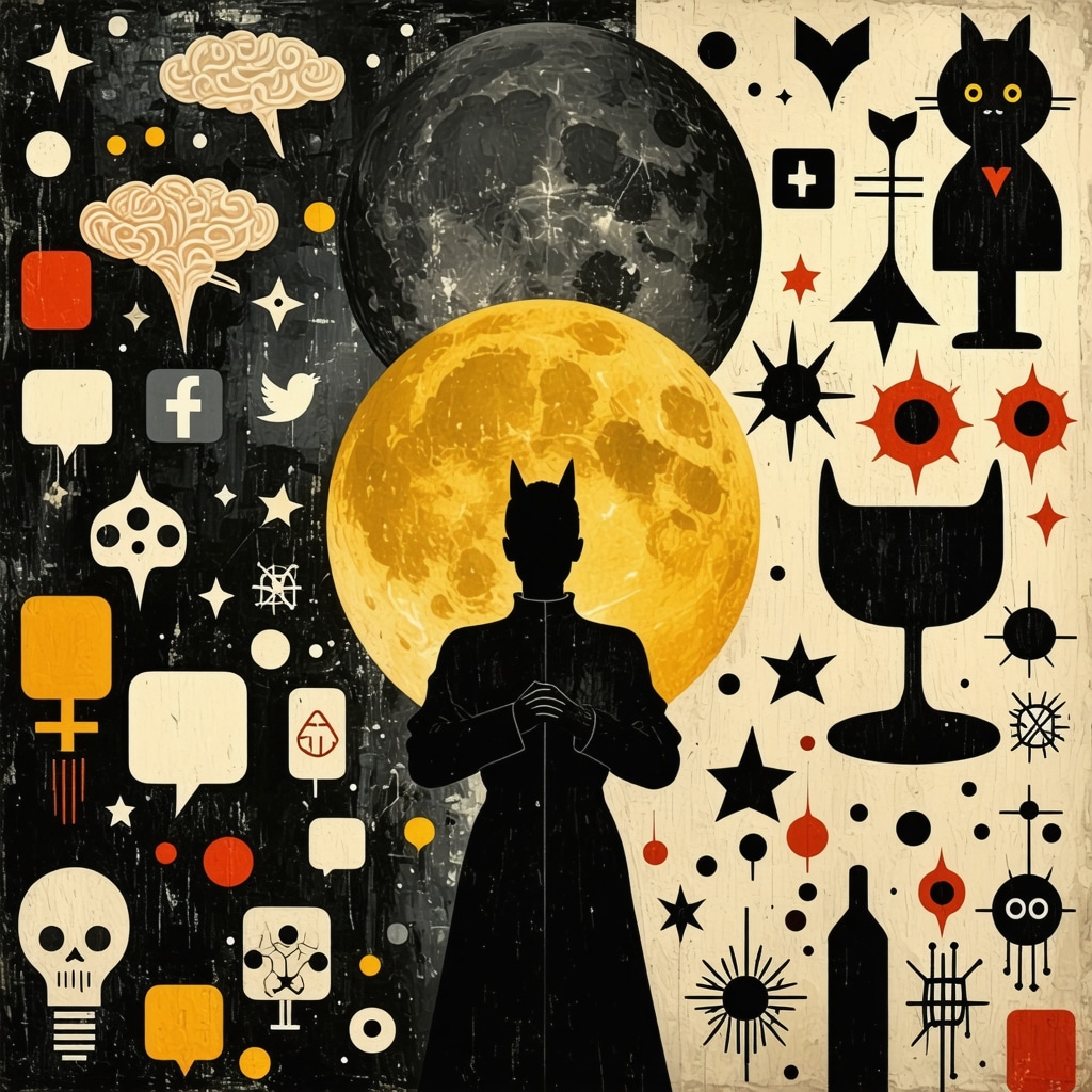 Illustration combining superstition symbols, social media logos, and brain neural pathways